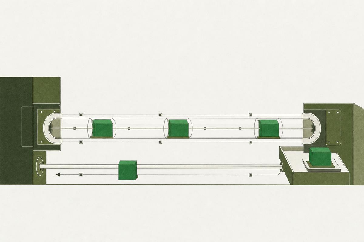 Square parcels moving along a conduit into a receiving tray, with a return channel beneath.