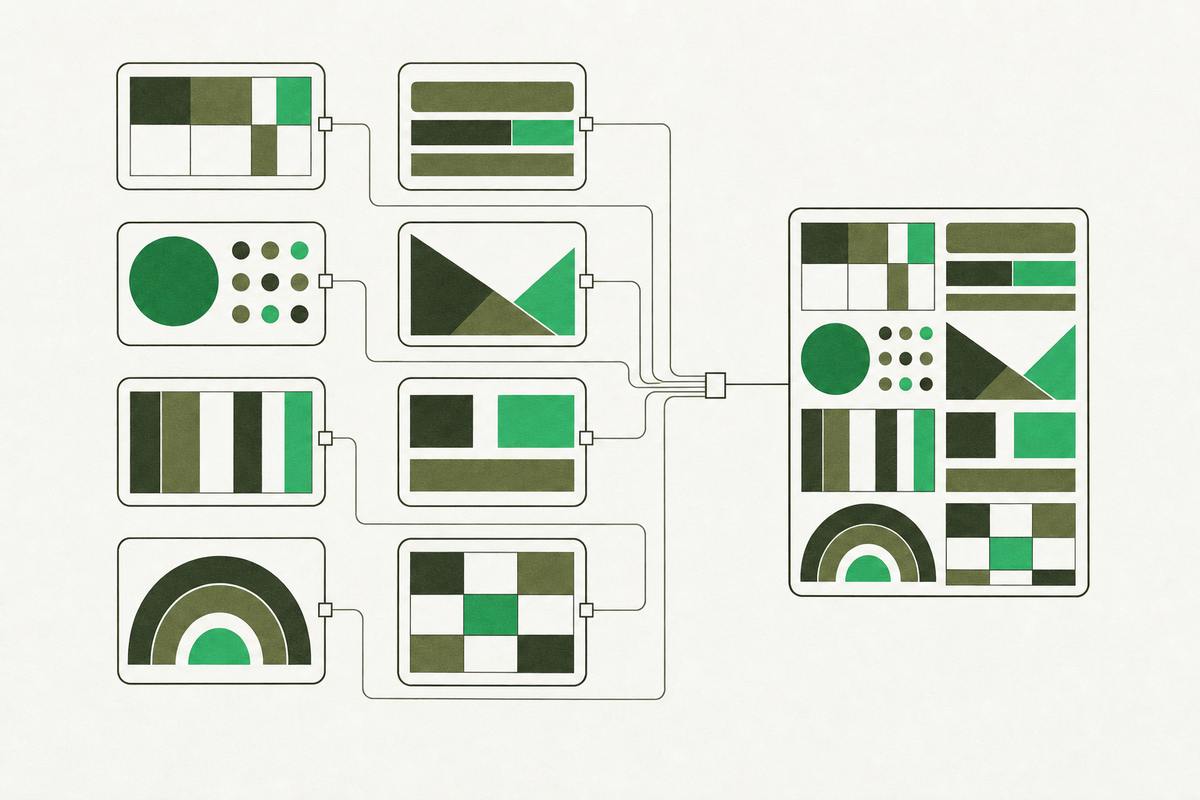 Eight sealed modules, each internally structured, gathered by thin lines into one frame.