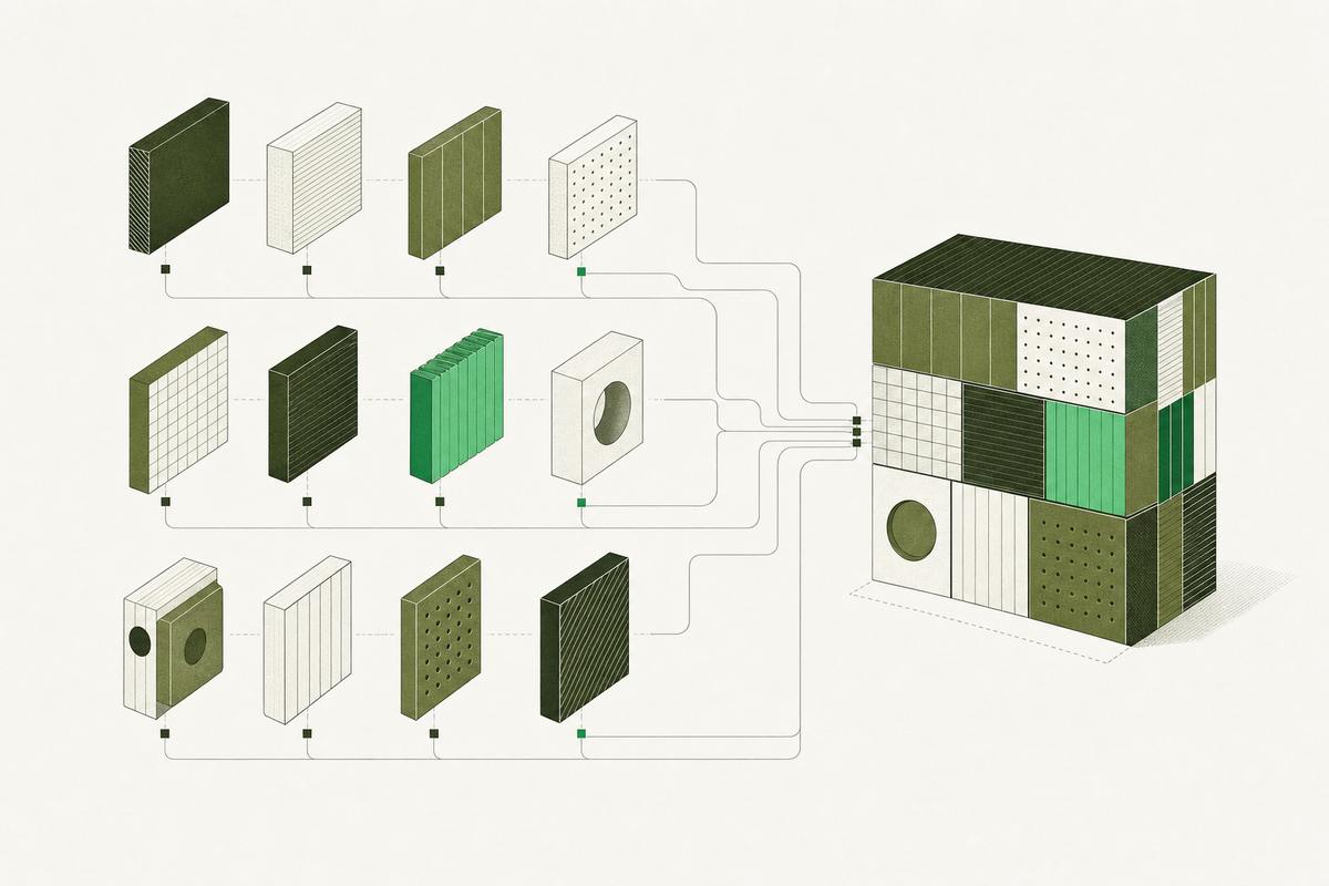 Exploded assembly drawing: a dozen modular blocks linked by routing lines into one block.