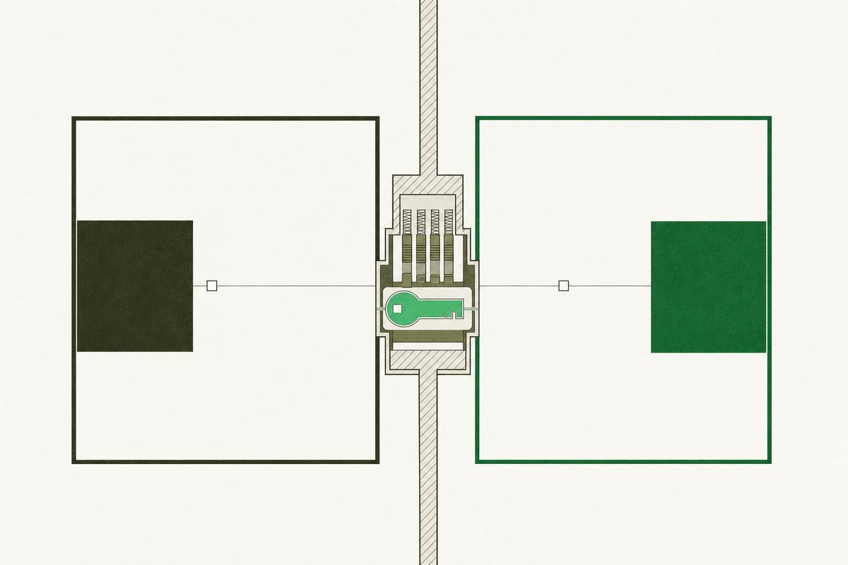 Two regions divided by a boundary with one gate, a keyed token passing through its tumblers.
