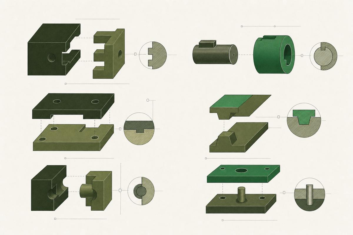 Fit study: notched blocks interlocking, a keyed shaft in its socket, two plates dovetailed.
