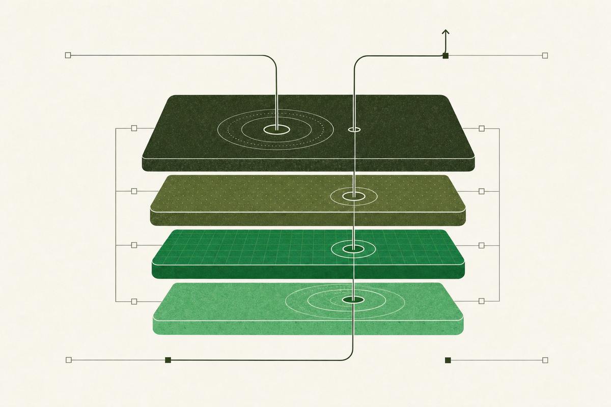 Cross-section of four stacked layers, one request path threading down through them and back.